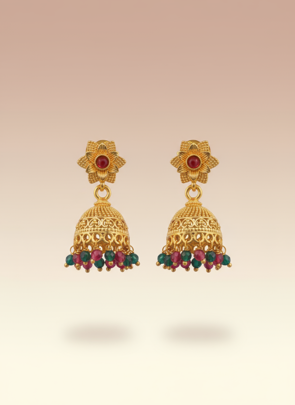 Traditional Gold-Plated Jhumka Earrings with Red and Green Beads