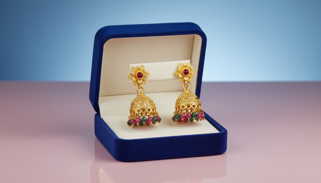 Traditional Gold-Plated Jhumka Earrings with Red and Green Beads