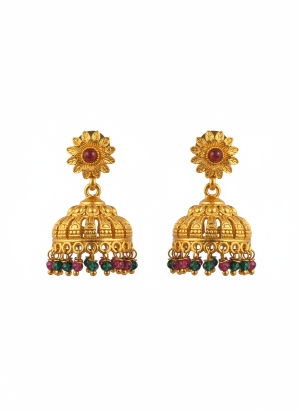 Traditional Gold-Plated Floral Jhumka Earrings with Beaded Drops