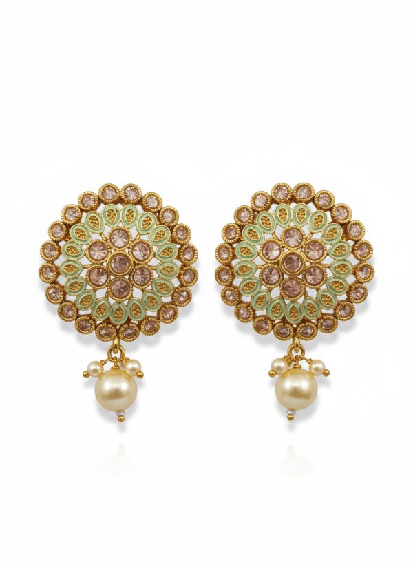 Pastel Floral Kundan Stud Earrings with Pearl Drop
