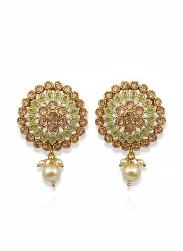 Pastel Floral Kundan Stud Earrings with Pearl Drop