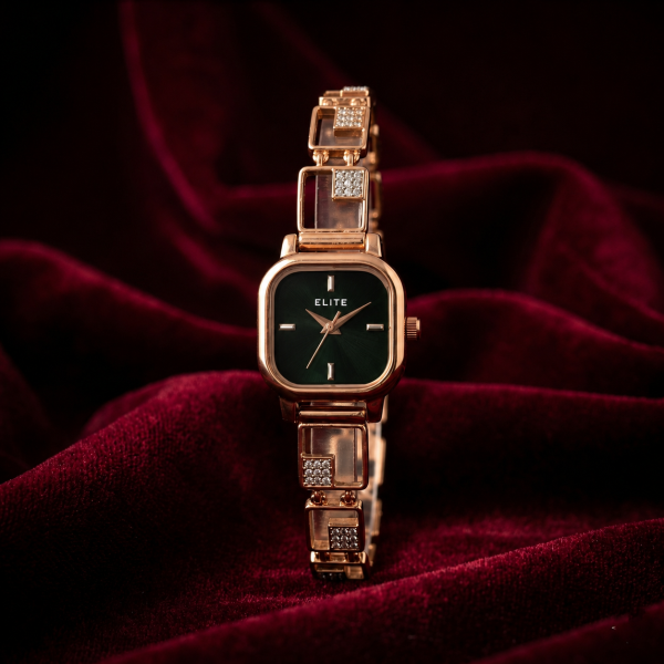 Elite Rose Gold Women's Analog Bracelet Watch – Emerald Green Dial