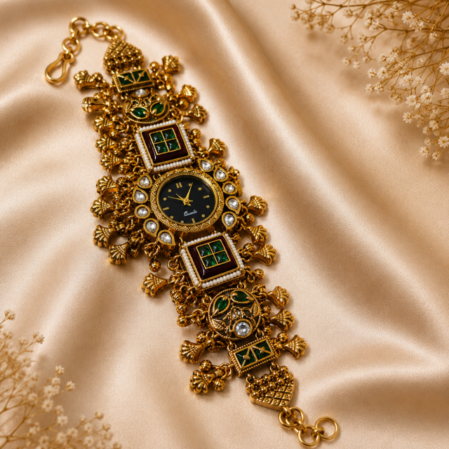 Royal Antique Kundan Heritage Bracelet Watch – Emerald & Pearl Design