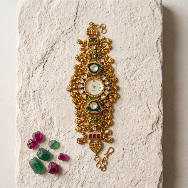 Royal Antique Kundan Heritage Bracelet Watch – Green Stone Edition