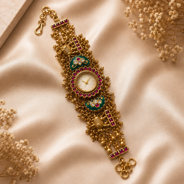 Royal Antique Temple Bracelet Watch with Kundan & Emerald Accents