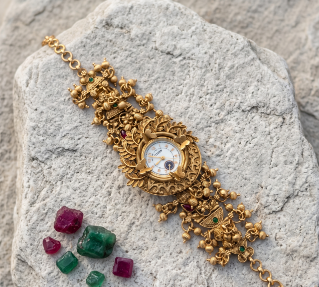 Royal Vintage Heritage Bracelet Watch with Temple Art & Gemstone Accents