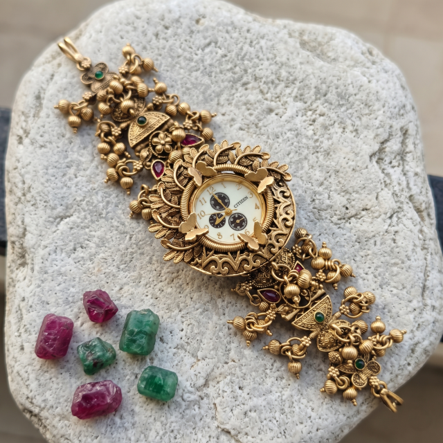 Royal Heritage Antique Bracelet Watch with Ruby & Emerald Accents