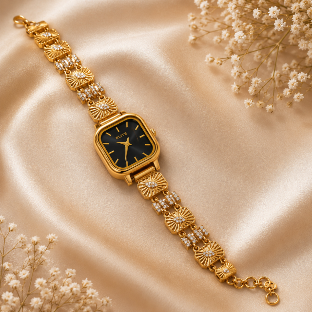 Elite Noir Gold-Tone Women's Analog Bracelet Watch