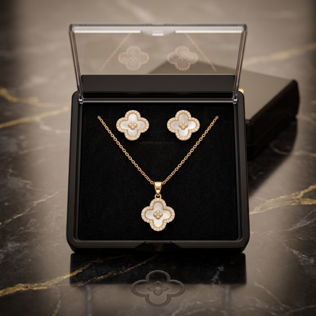 Rose Gold Clover Pendant & Stud Earrings Jewelry Set