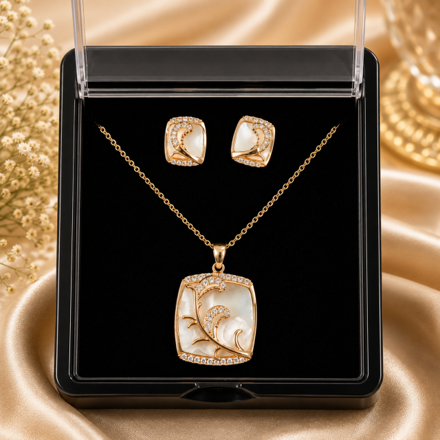 Rose Gold Mother of Pearl Pendant & Earrings Jewelry Set