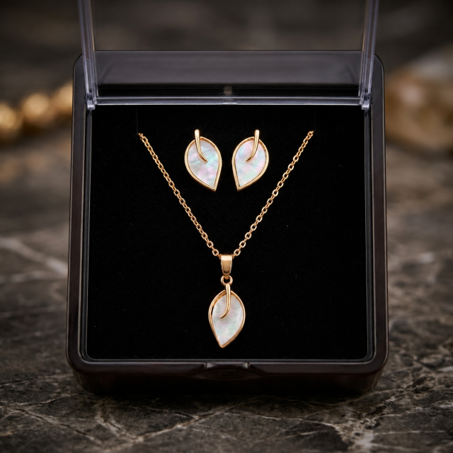 Rose Gold Mother of Pearl Pendant & Earrings Jewelry Set