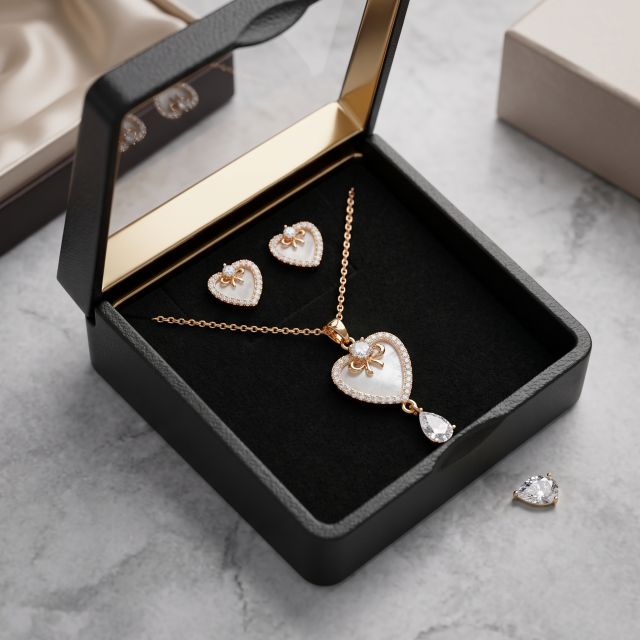 Rose Gold Heart Crystal Pendant & Earrings Jewelry Set
