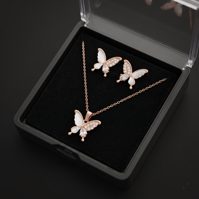 Rose Gold Butterfly Crystal Pendant & Earrings Jewelry Set
