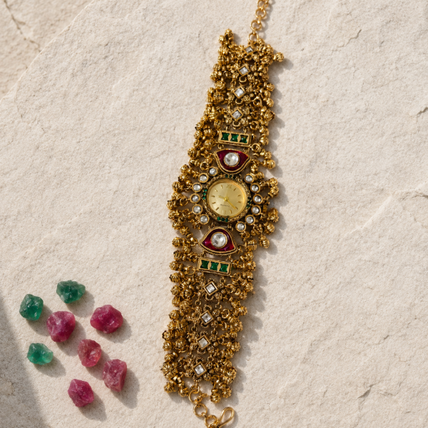 Royal Antique Kundan Heritage Bracelet Watch – Ruby & Emerald Edition
