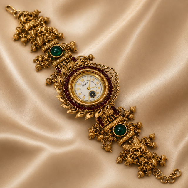 Royal Antique Heritage Bracelet Watch with Emerald Accents