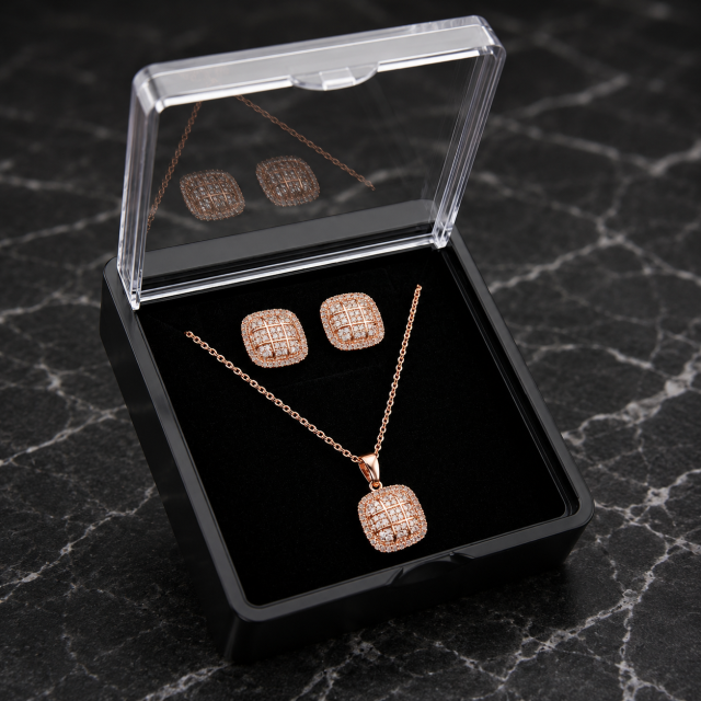 Rose Gold Crystal Pendant & Stud Earrings Jewelry Set
