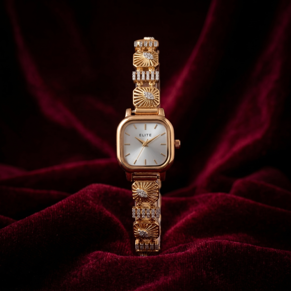 Women's Gold-Tone Emerald White Dial Designer Analog Watch