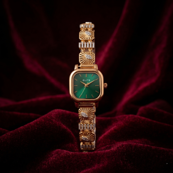 Women's Gold-Tone Emerald Green Dial Designer Analog Watch