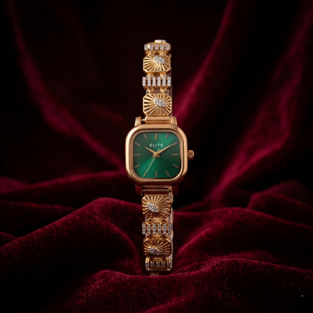 Women's Gold-Tone Emerald Green Dial Designer Analog Watch