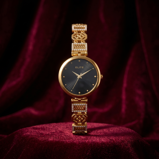 Women's Gold-Tone Black Dial Designer Analog Watch