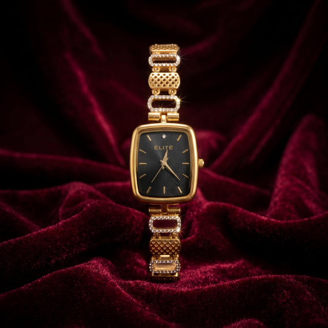 Women's Gold-Tone Black Dial Crystal Designer Analog Watch