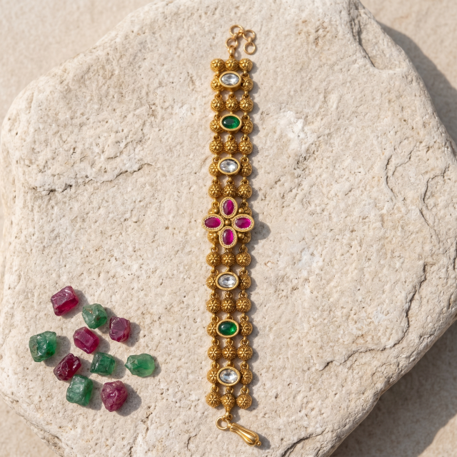 Women's Antique Gold-Plated Multi-Stone Floral Designer Bracelet