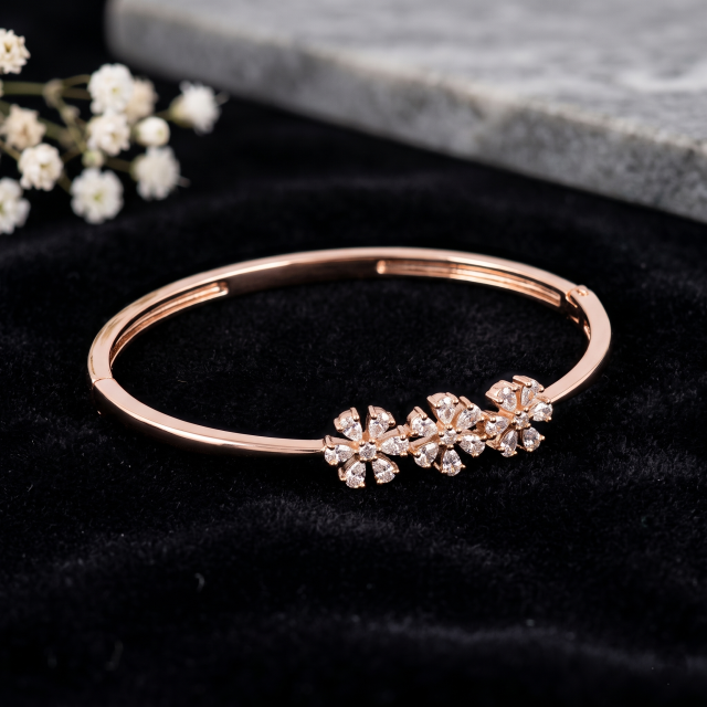 Women's Rose Gold-Plated Triple Floral Crystal Designer Bangle