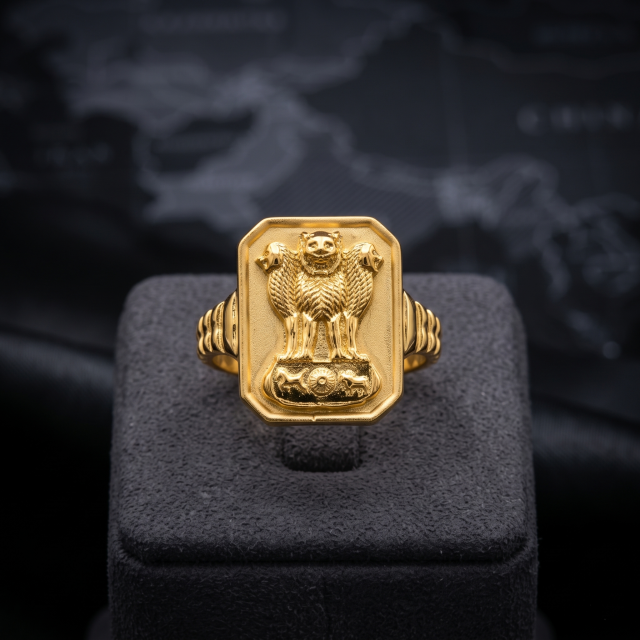 Ashoka Lion Emblem Gold-Tone Signet Ring for Men