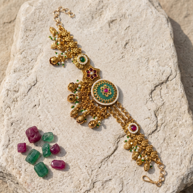Women's Antique Gold-Plated Kundan & Pearl Charm Designer Bracelet