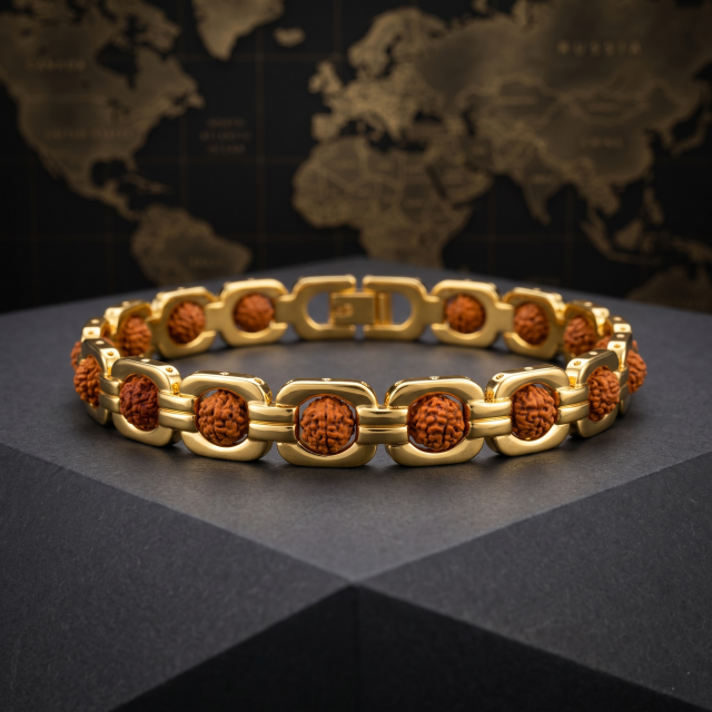 Premium Rudraksha Gold-Tone Link Bracelet for Men