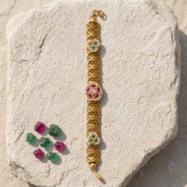 Women's Antique Gold-Plated Pearl & Ruby Stone Designer Bracelet