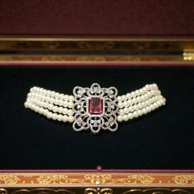 Red Ruby Imitation Pearl Choker Necklace