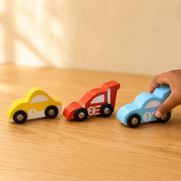 Wooden Car (3 Pcs) - Sky Blue, Yellow, Red